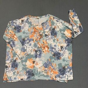 Sew Love Womens XL Floral Print Long Sleeve Top Blouse Blue‎ Orange